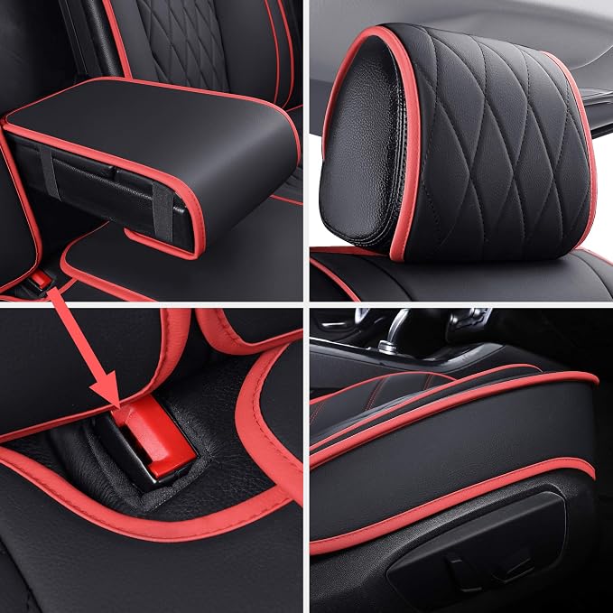 5 Car Seat Covers Full Set Waterproof Leather Universal Cushions Split Bench Compatible with Toyota Camry Kia Nissan Chevy Malibu CRV Focus Fusion Jeep Wrangler Cherokee (Full Set, Black-Red )