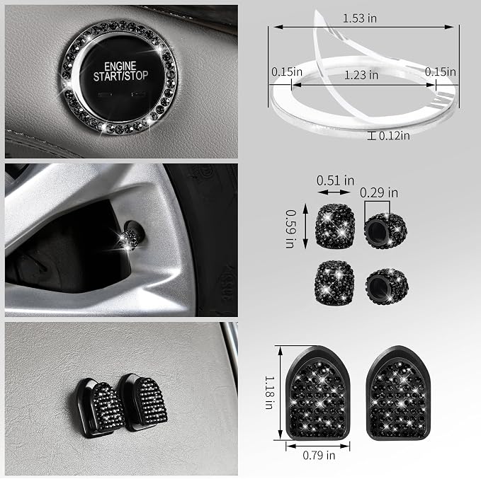CAR PASS 30 PCS Bling Car Accessories Set for Women, Bling Steering Wheel Covers 15 Inch, Shining Rhinestone License Plate Frame, Sparkly Diamond Phone Holder, Car Mats Full Set, Black