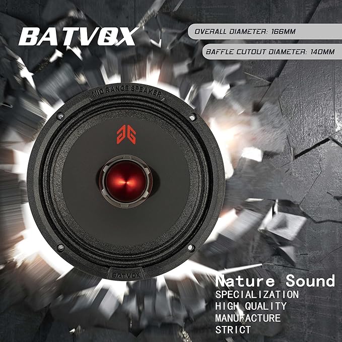 MX65E1 Loudspeaker 6.5 Inch Midrange 400 Watts 6 Ohms Red Bullet, Premium Quality Audio Door Speakers for Car or Truck Stereo Sound System, Black (2 Speakers)
