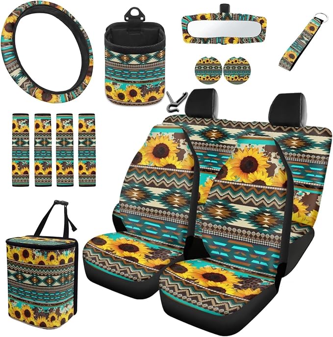 Dreaweet Sunflower Aztec Seat Covers Full Set Green Universal Car Accessories for SUV Trucks Steering Wheel Covers Seatbelt Covers Coaster Trash Can Air Vent Holder Rear View Mirror Cover Keychain