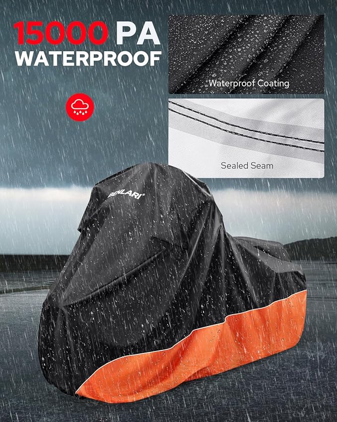 Benlari Upgraded Waterproof Motorcycle Cover with Side Box Compatible with Harley Davidson Touring Models Street Glide/Road Glide/Electra Glide/Honda, Outdoor All Weather Protection (107" x 43" x 50")
