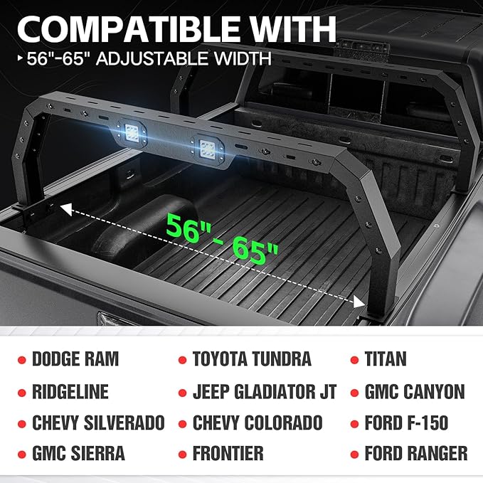 YZONA Adjustable 20-22.87" High Truck Bed Racks with 2 Led Lights Compatible with Tacoma/Tundra/Silverado 1500/ Sierra 1500/ Ram 1500/ Titan/Frontier/Canyon/Colorado/JT/Ford F-Series/Ranger
