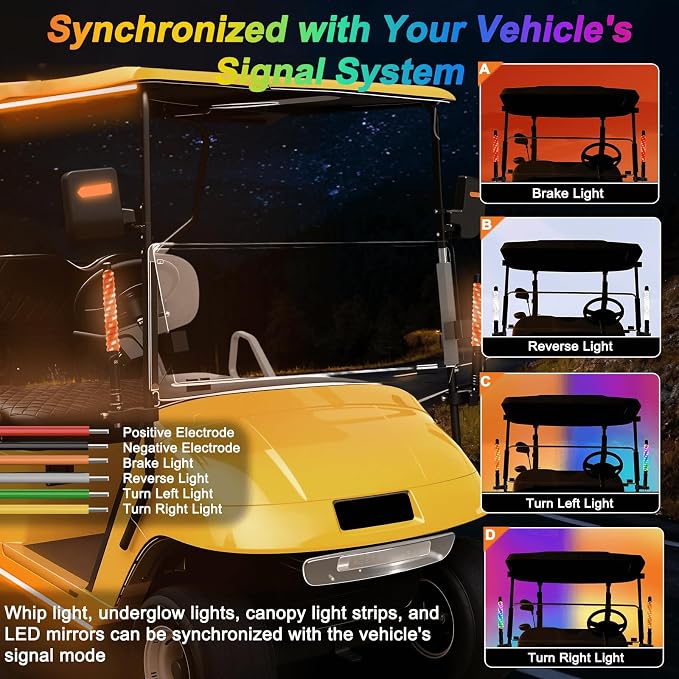 2 Pack 1FT Golf Cart Front Rail Whip Lights, LED Light Bluetooth App & Remote Control, Spiral RGB Music Chasing Lighted with Turn Reverse Brake Signal for 36V/48V/72V (Included DC Converter)