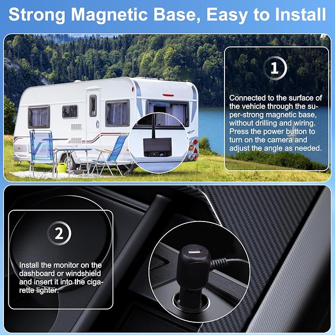 Magnetic Solar Wireless Backup Camera with 5" Monitor System AHD1080P Truck Trailer Hitch Rear View Camera IR Night Vision Waterproof Rechargeable Reverse Camera for RV Car Camper