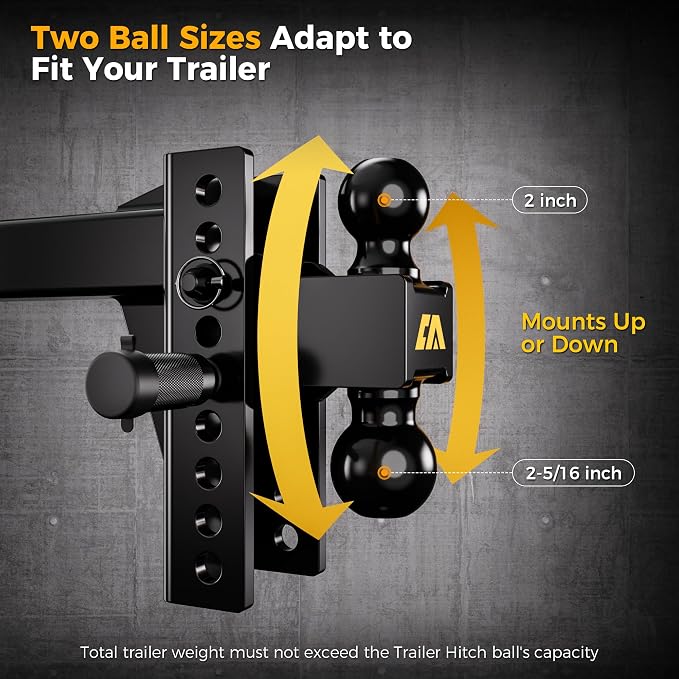 CAMMOO Adjustable Trailer Hitch, Tow Hitch Fits 2 inch Receiver, 6 inch Rise/Drop Hitch, 2" and 2-5/16" Ball Hitch, 20000 LBS GTW Truck Hitch with U-Shaped Alloy Steel Anti-Theft Pin, Black, ML-2060