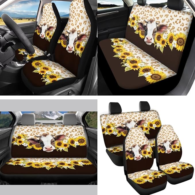 Cow Car Seat Cover for Front Rear Bench Seats+Brown Cowhide Sunflower Universal Fit Auto Steering Wheel Cover/Shoulder Seatbelt Pads/Keychain/Gear Shift Knob Handbreak Cover/Mirror Cover