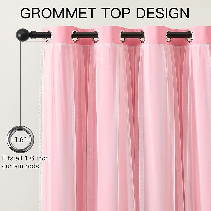 XiDi Pink Curtains Blackout 84 Inches Long for Girls Bedroom Living Room 2 Panels Grommet Thermal Insulated Double Layer Cute Girly Nursery Curtains with Sheer Overlay for Kids Princess W52XL84