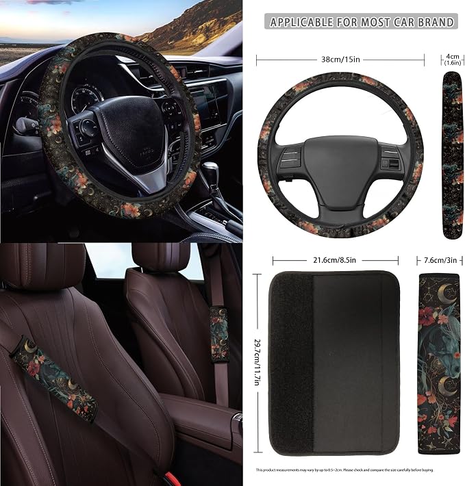 Horse Hibiscus Moon Print Car Seat Cover Full Set of 15 Steering Wheel Cover Seat Belt Strap Pad Trash Bag Air Vent Storage Holder Cup Coasters Rear View Mirror Covers Key Chain
