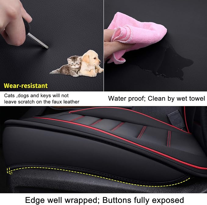 LUCKYMAN CLUB 2 Front Silverado Seat Covers Fit for 2007-2025 Sierra Chevy Silverado 1500 2500 3500 with Water Proof Faux Leather (Black & Red 2 PCS)