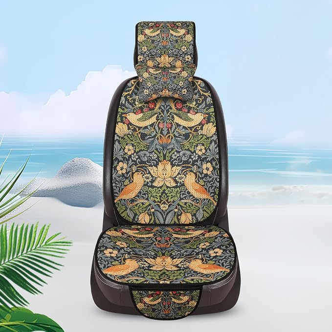 Luxury Boho Car Seat Covers Set,5-Seat Full Set with Headrest,William Morris Vintage Bohemian Floral Pattern Honeycomb Knit Fabric,Breathable&All-Season Universal Automotive Seat Protectors