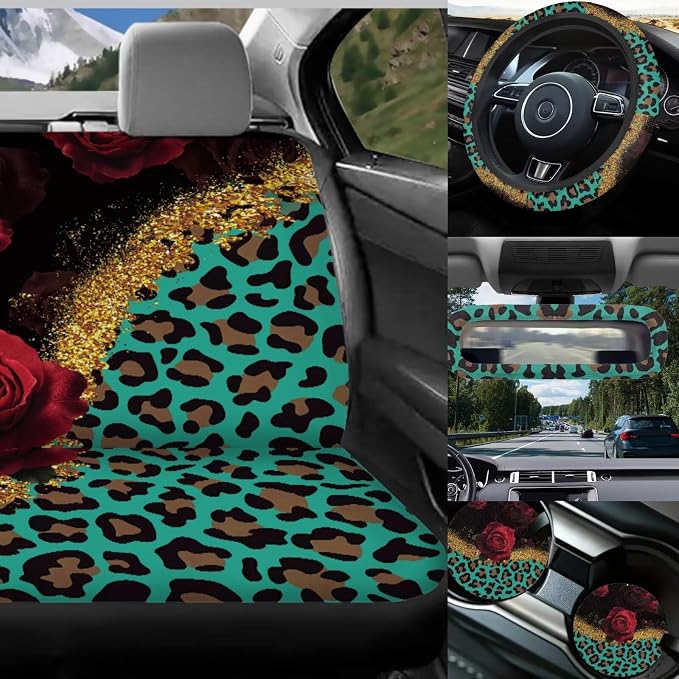 Leopard Print Car Seat Covers Full Sets with Front and Split Rear Bench,Red Rose Car Accessories Set 17 Pack,Leopard Print Vehicle Interior Set Decor with Headrest Covers,Car Seat Belt Cover