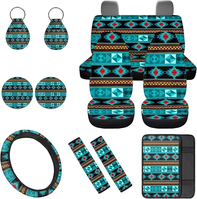Tribe Aztec Car Seat Covers Sets 12 Pieces Center Console Cover Car Steering Wheel Cover Seat Belt Pads Car Interior Accessories Universal Fit for Cars SUV