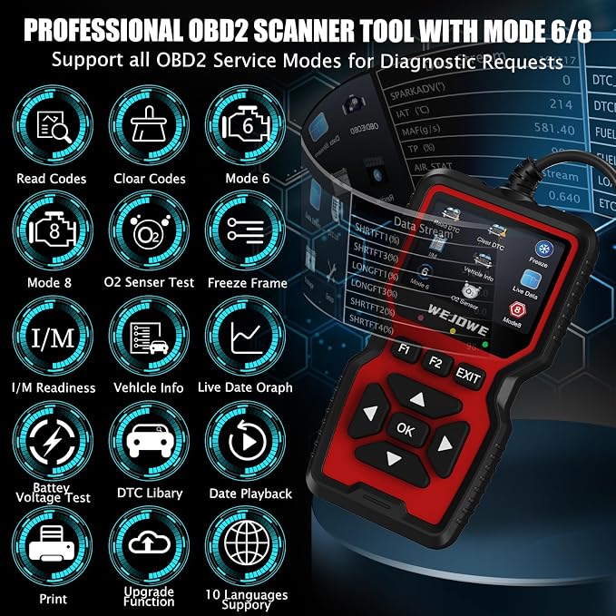 WEJOWE Upgraded OBD2 Scanner Diagnostic Tool, Check Engine Code Reader OBD2 Scanner with Reset, Battery Test Check Engine Light Mode 6, Mode 8 & I/M Car Diagnostic Scan Tool for All OBDII Car