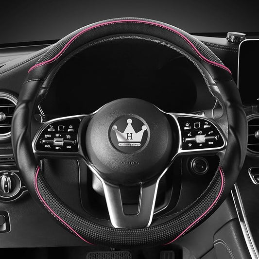 HighnessHwoo 3D Car Steering Wheel Cover Comfort Grip Massage Sporty Anti-Slip Carbon Fiber Faux Leather for Sedan SUV, Universal Fit, Car Handle Covers for All Seasons, 14.75-15.15in, Pink