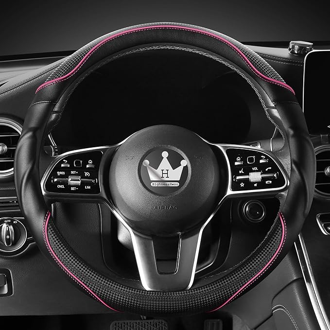 HighnessHwoo 3D Car Steering Wheel Cover Comfort Grip Massage Sporty Anti-Slip Carbon Fiber Faux Leather for F150, Trucks, Jeep, Van, Car Handle Covers for All Seasons, 15.2-16in, Pink