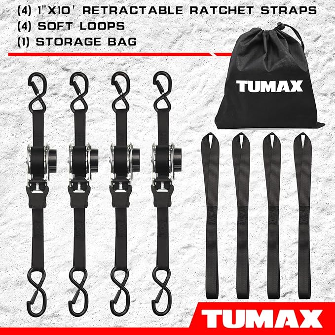 4-Pack Retractable Ratchet Tie Down Straps, 1" x 10ft with Soft Loops & S-Hooks, 1500lbs Break Strength Self-Retracting Cargo Straps for Truck, Trailer, Motorcycle, ATV, Kayak (Black)