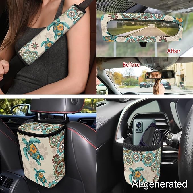 Dreaweet Sea Turtle Seat Covers for Cars Full Set 15 Pcs Universal Boho Steering Wheel Cover Seat Belt Pads Car Coasters Trash Bag Air Vent Storage Pouch Rear View Mirror Cover Keychain