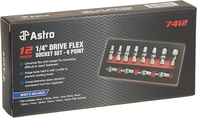 Sunex 1822, 1/4 Inch Drive Magnetic Impact Socket Set, 12-Piece, Metric, 5mm-15mm and Astro Pneumatic Tool 7412 12-Piece 1/4" Drive Flex Socket Set - 6 Point - Metric