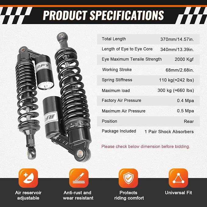 13.4" 340mm Pair Universal Motorcycle Air Rear Shock Absorbers for HONDA for Suzuki for Yamaha for Kawasaki ATV Go Kart Quad Dirt Sport Bike,Black