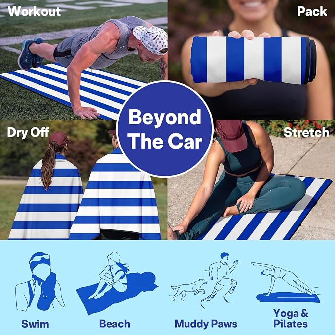 2 Pack Car Seat Towel Covers, Sweat Protector for Front Seats, Premium Thickened Microfiber with Blue and White Stripes, Breathable & Quick Dry, Machine Washable Cover for Gym Running Universal Fit