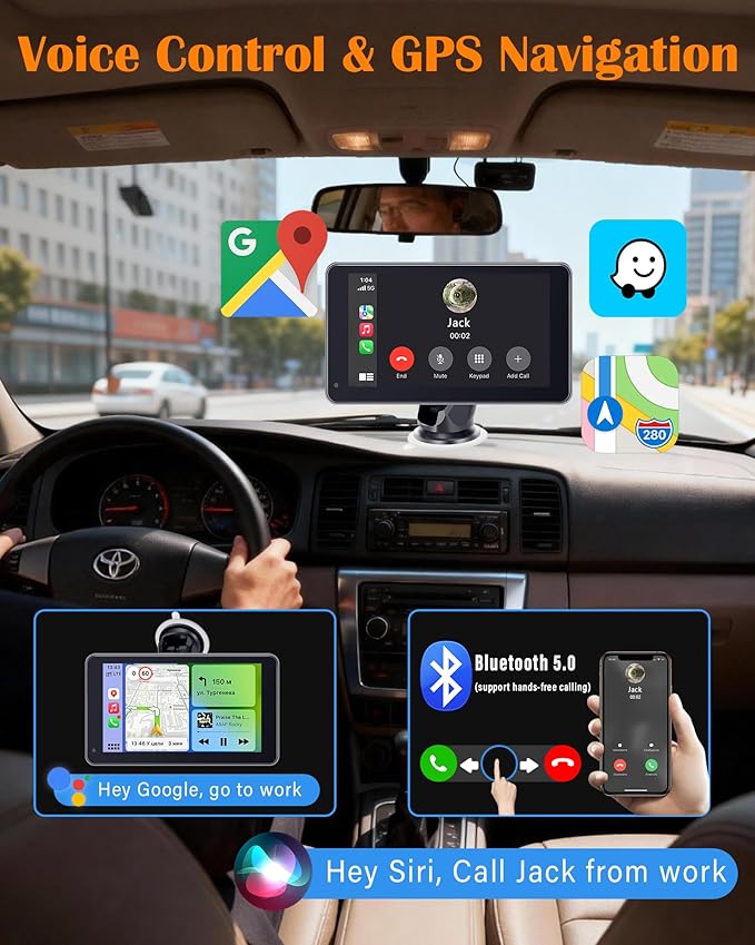 Portable Carplay Screen with Backup Camera - Plug-Play 7-inch HD 1080P Car Touchscreen Supports Both Apple CarPlay & Android Auto - No Dashboard Removal, GPS Navigation, Voice Control, Bluetooth