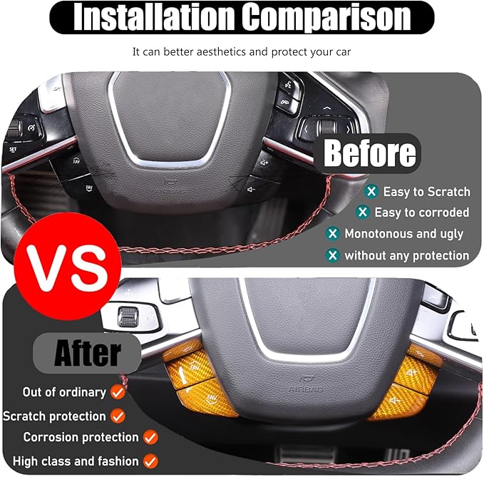 Dry Carbon Fiber Central Control Steering Volume Button Cover Compatible with Corvette C8 2020-2025 Accessories 4Pcs Center Consoles Steering Button Panel Sticker Decorative Interior Trim (Yellow)