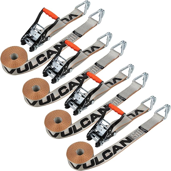 VULCAN Ratchet Strap with Wire Hooks - 2 Inch x 15 Foot - 4 Pack - Silver Series - 3,300 Pound Safe Working Load