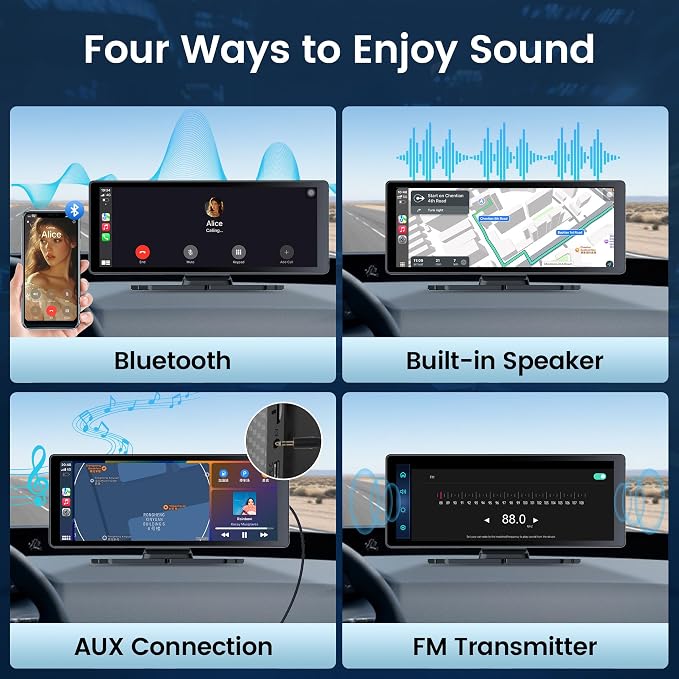 10.26" Carplay Screen for Car,4K Dash Cam,Portable Tablet for Apple Android Auto,Voice Touch Control GPS Navigation,Stereo Audio Radio,Rear Backup Camera,Bluetooth,Wireless Mirror for Truck