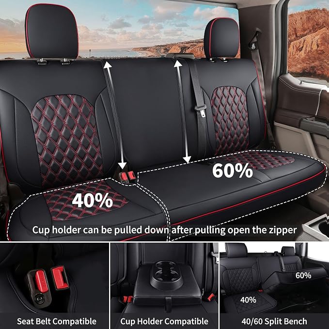 Huidasource Rear Bench Leather Seat Covers Fit for Chevy Silverado GMC Sierra 1500 2007-2013 & 2019-2025, 2500HD 3500HD 2020-2025 Crew Double Extended Cab WT LS LT Custom(Back Row/Black&Red)