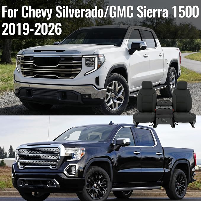 Front Seat Covers for Chevy Silverado & GMC Sierra 1500 Crew Cab 2019 2020 2021 2022 2023 2024 2025 2026 with Headrest and Rear Cup Holder Foam Padded - Black