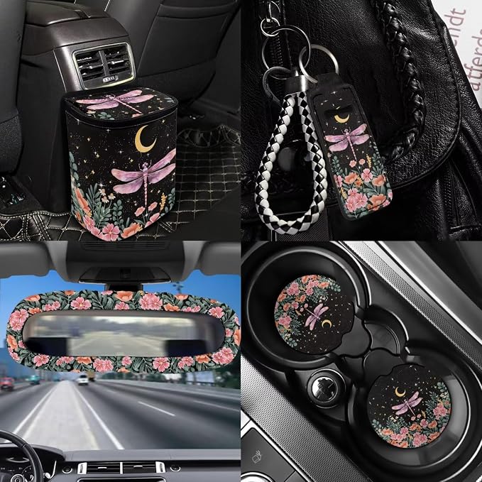 Dragonfly Print Car Seat Covers Full Set with Steering Wheel Cover Auto Seat Belt Cover Car Trash Can Car Rear View Mirror Cover Car Coasters Chapstick Holder，12 Pieces