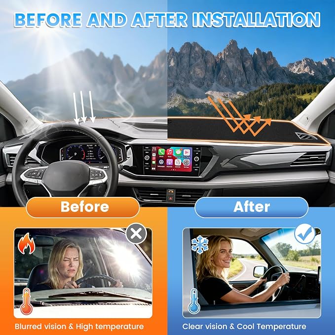 KUST Black Dash Cover Compatible with Volkswagen VW Taos 2022-2024 (Without Center Bin) Dashboard Cover Accessories for Taos Non-Slip Polyester Custom Fit Center Console Sunshield Protector No Glare