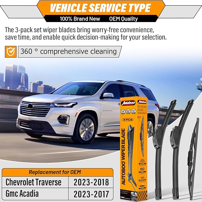 OEM Windshield Wiper Blade Replacement for Chevy Chevrolet Traverse 2018 2019 2020 20221 2022 2023 Gmc Acadia 2017-2023 Original Equipment All-Season Rear Wiper Blade Set 24+20+10 (Set of 3)
