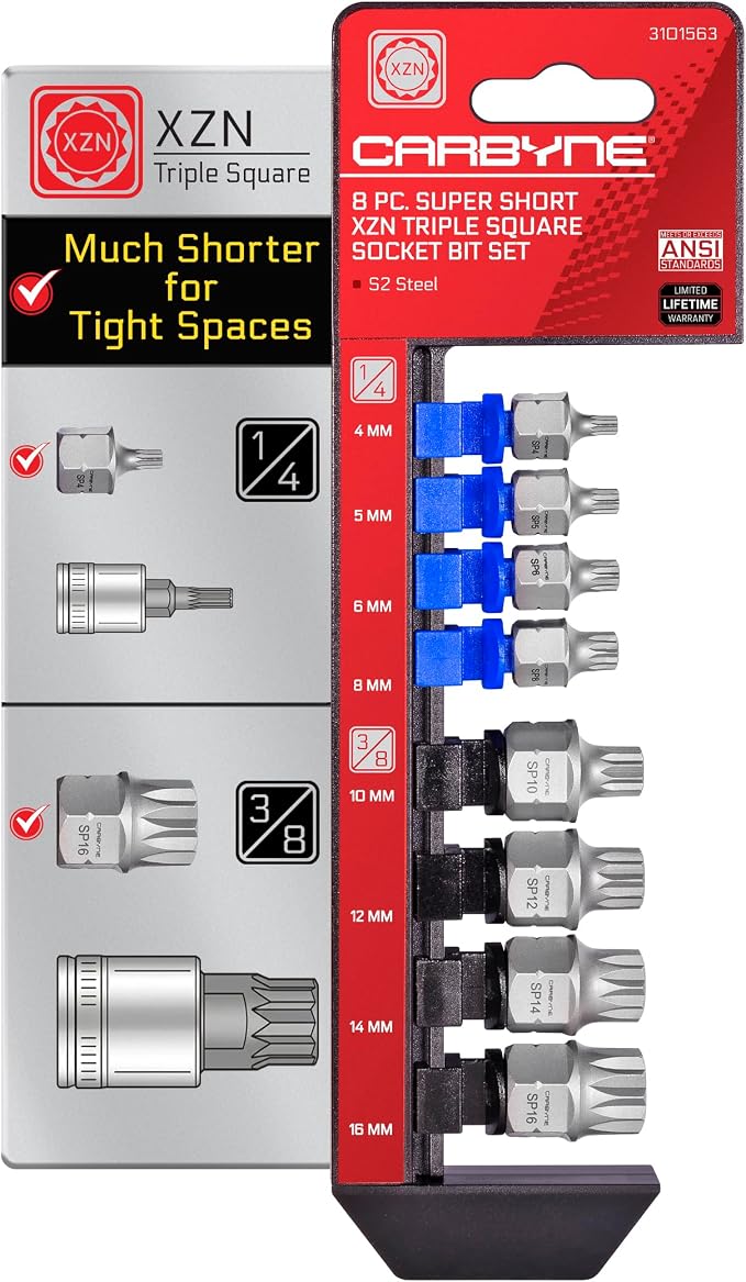 CARBYNE 8-Piece XZN Triple Square Stubby Low Profile Bit Socket Set, 4mm to 16mm, 12 Point Spline, S2 Steel, Dual Drive Internal Square and External Hex for Tight Confined Spaces