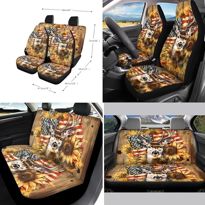 Xoenoiee American Flag Hunting Elk Sunflower Pattern Car Seat Cover Set, Front Rear Seat Covers, Steering Wheel Cover, Seat Belt Pads, Coasters, Keychains for Car SUV, 4th of July Patriotic