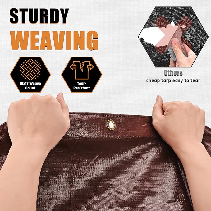 10x20FT Waterproof Tarp, Yumatum 10 Mil Heavy Duty Tarps with Reinforced Edges/Brass Grommets, 100% UV Blocking/Tear Resistant Poly Tarp for Camping, Patio, Tent, Boat(Brown/Black)
