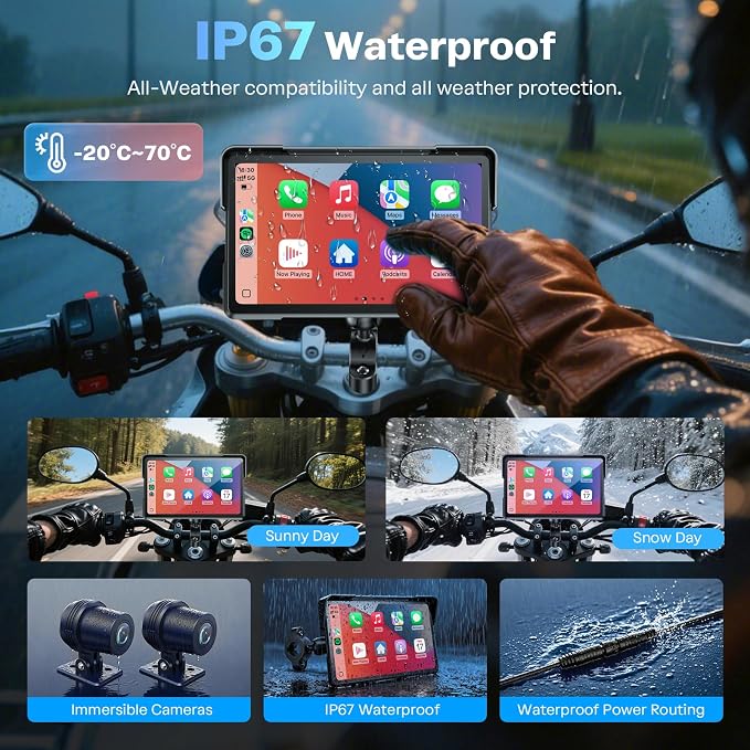 WonVon Motorcycle CarPlay Screen with Android Auto – 7” Waterproof GPS, Pantalla para Moto, Apple CarPlay, Navigation System for Motorcycle, Dual 4K Dash Cam Bluetooth Audio, BSD & TPMS