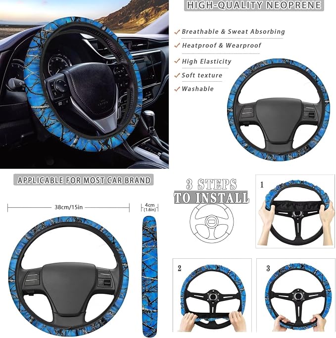 KEIAHUAN Blue Branch Camo Auto Accessories Cars Seat Covers Includes Steering Wheel Cover Headrest Cover Gear Shift Cover Handbrake Cover Cupholder Coaster Universal Fit 11 Pcs for Women Men