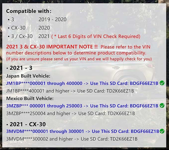 Navigation SD Card with HUD Display Compatible with 2019-2020 Mazda 3, 2020 CX30 - BDGF66EZ1B, Also Fits 2021 3/CX30(VIN Check Required), USA Canada Mexico Maps