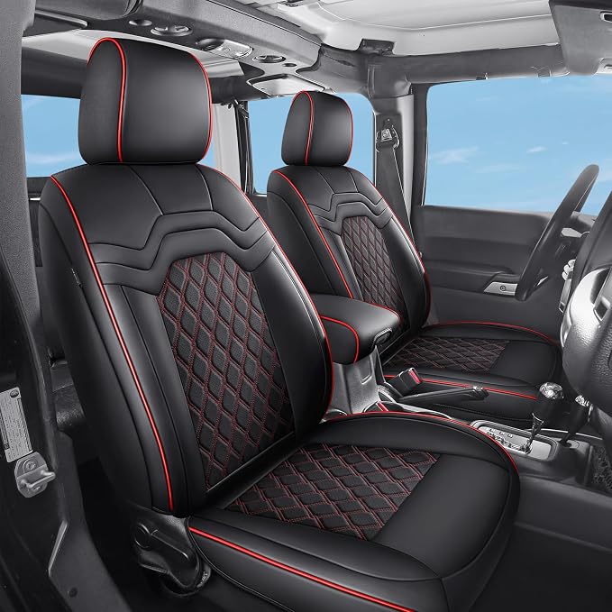 Huidasource Front Seat Covers for Jeep Wrangler JK 2007-2017, Waterproof Leather 2Pcs Front Seat Protector for Wrangler JK 2 Door/4 Door Sport Rubicon Sahara (Front Pair/Black&Red)