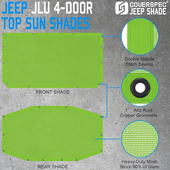 JL Top Sun Shade Roof Compatible with Jeep Wrangler 2 or 4 Door 2018 to 2023 Sunshade Sunroof Blocks UV Wind Noise Green Mesh for Front and Rear 2 pcs