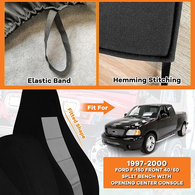 Truck Seat Cover Compatible with 1997-2000 Ford F-150 Seat Covers Front 40/60 Split Bench with Opening Center Console, Not with Airbags Next to The Headrest, Black and Gray