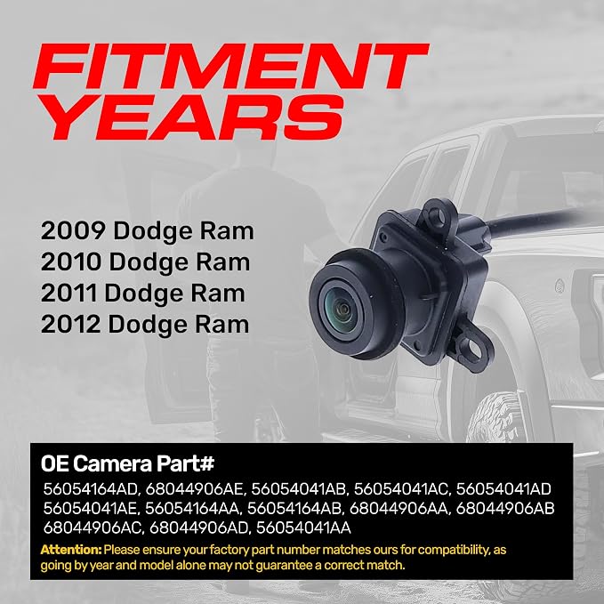 Master Tailgaters Replacement for Dodge Ram (2009-2012) Backup Camera OE Part # 56054164AD, 68044906AE, 56054041AB, 56054041AC, 56054041AD, 56054041AE, 56054164AA, 56054164AB, 68044906AA, 68044906AB
