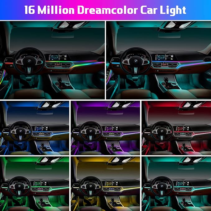 Interior Car LED Strip Lights, Acrylic LED Lights for Car with Wireless APP Dynamic Dreamcolor Chasing 6 in 1 Ambient Lighting Kits, 175 inches 593 LED Sound Active Function Neon Lights