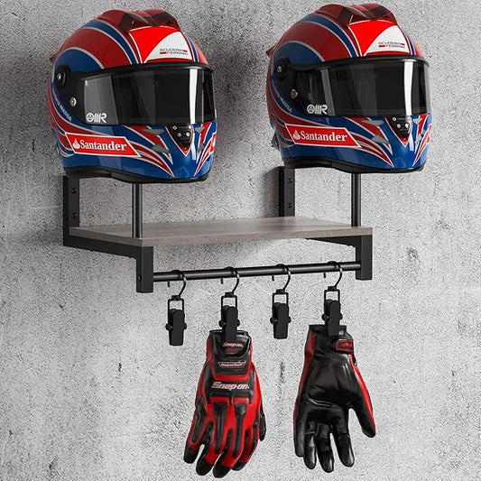 Motorcycle Helmet Holder Wall Mount, Helmet Rack with 4 Glove Clips, Motorcycle Gear Rack Storage, Motorcycle Accessories Organizer for Entryway or Garage
