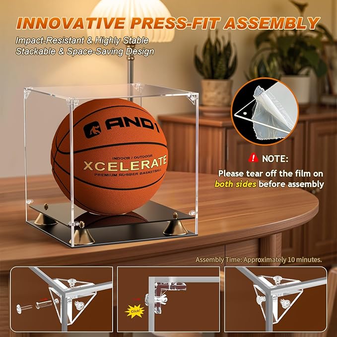 KOLIPI Basketball Display Case, Clear Acrylic Full Size Basketball Case Display with Double Layer Base, Assemble Soccer Showcase, Ball Holder Stand Box Protector for NBA WNBA Signed Ball Memorabilia