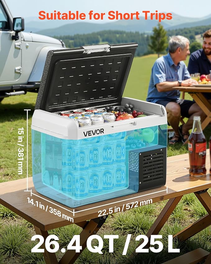 VEVOR 12 Volt Car Refrigerator, 26.4QT/25L Car Fridge, Portable Electric Freezer with -4℉ to 68℉ Adjustable Temp, 12/24V DC and 100-240V AC Compressor Cooler for Outdoor, Camping, RV