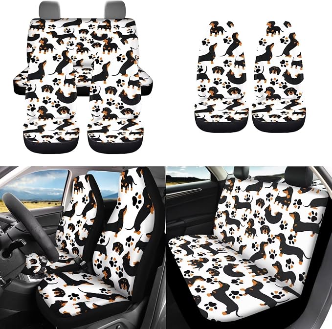 Black Dachshund Dog Car Seat Covers 12 Pcs Full Set Dog Lover Car Interior Set Durable Auto Steering Wheel Cover Dog Paw Seat Belt Pads Chapstick Holder Keychain for Women