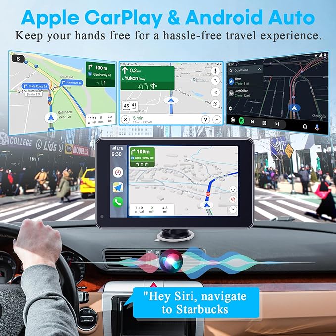 3-Min Easy Install Portable Wireless Carplay Screen: Plug-Play Support Apple CarPlay & Android Auto - 7 Inch HD 1080P Car Touchscreen Upgrade Voice Control GPS Navigation for Commuters & Older Cars
