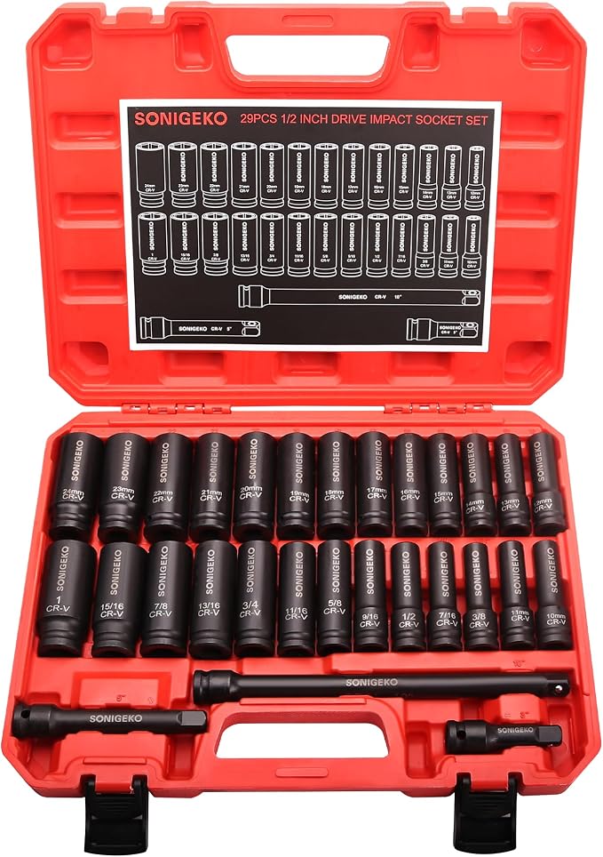 29-Piece 1/2" Drive Impact Socket Set, 6-Point Deep Standard SAE & Metric (3/8"-1", 10mm-24mm),CR-V Steel Sockets with 3", 5", 10" Extension Bars and Storage Case